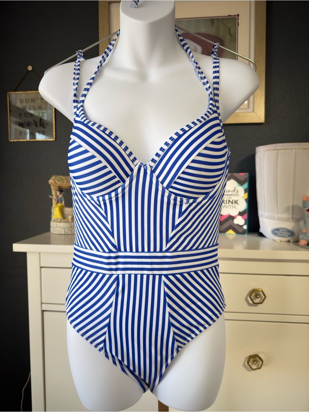 Cupshe Navy and White Striped Halter One-Piece Swimsuit